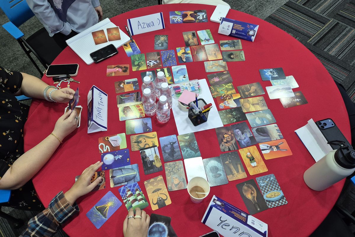 Participants sharing picture cards around a table